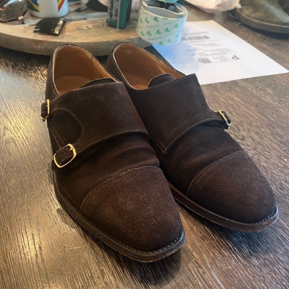 Loake 1880 Brown Suede UK Made Double Buckle Loafers sz YK 6 YS 6-1/2 EUC